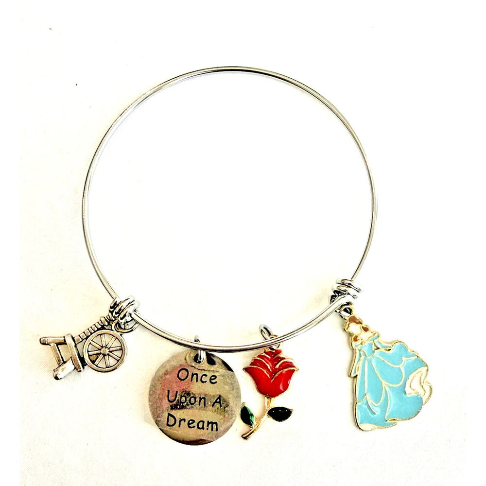 DISNEY PRINCESS CINDERELLA ROSE Flower Once Upon A Dream Charm Bangle Bracelet